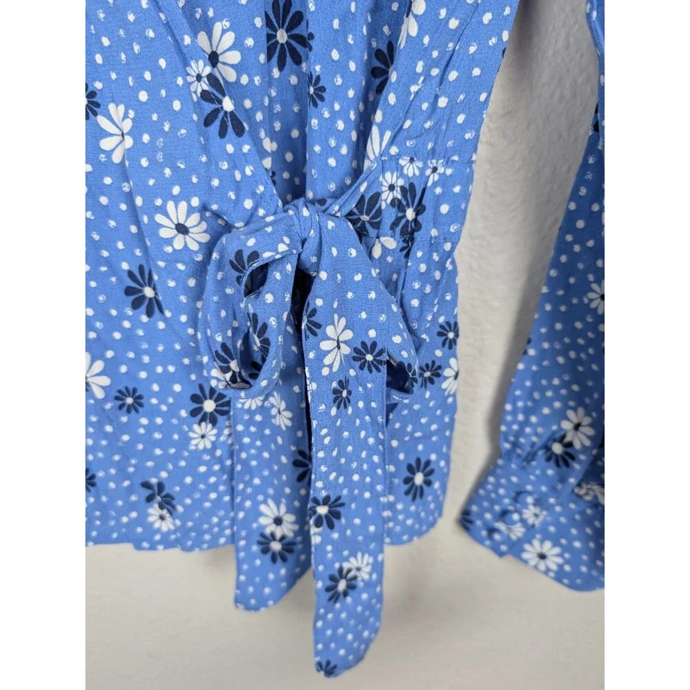 Talbots‎ Blue Floral Wrap Top Poet Sleeve Blouse Small